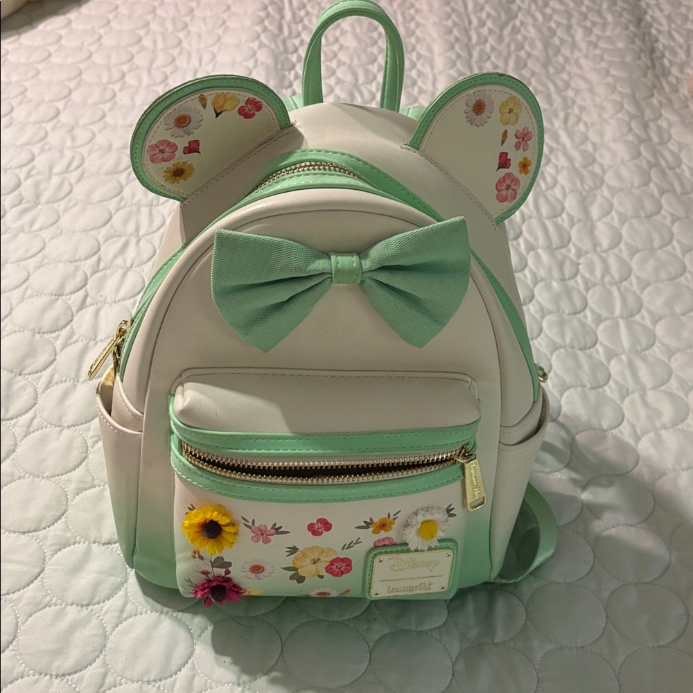Loungefly Disney Minnie Mouse Pressed Flower Bow Mini Backpack.!Like New!EUC
